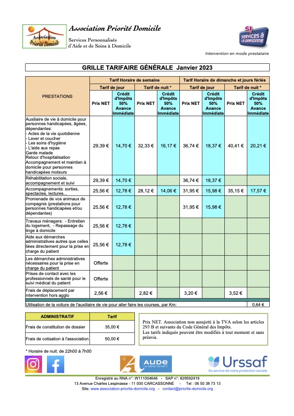 Grille tarifaire Prestations soins Janvier 2023